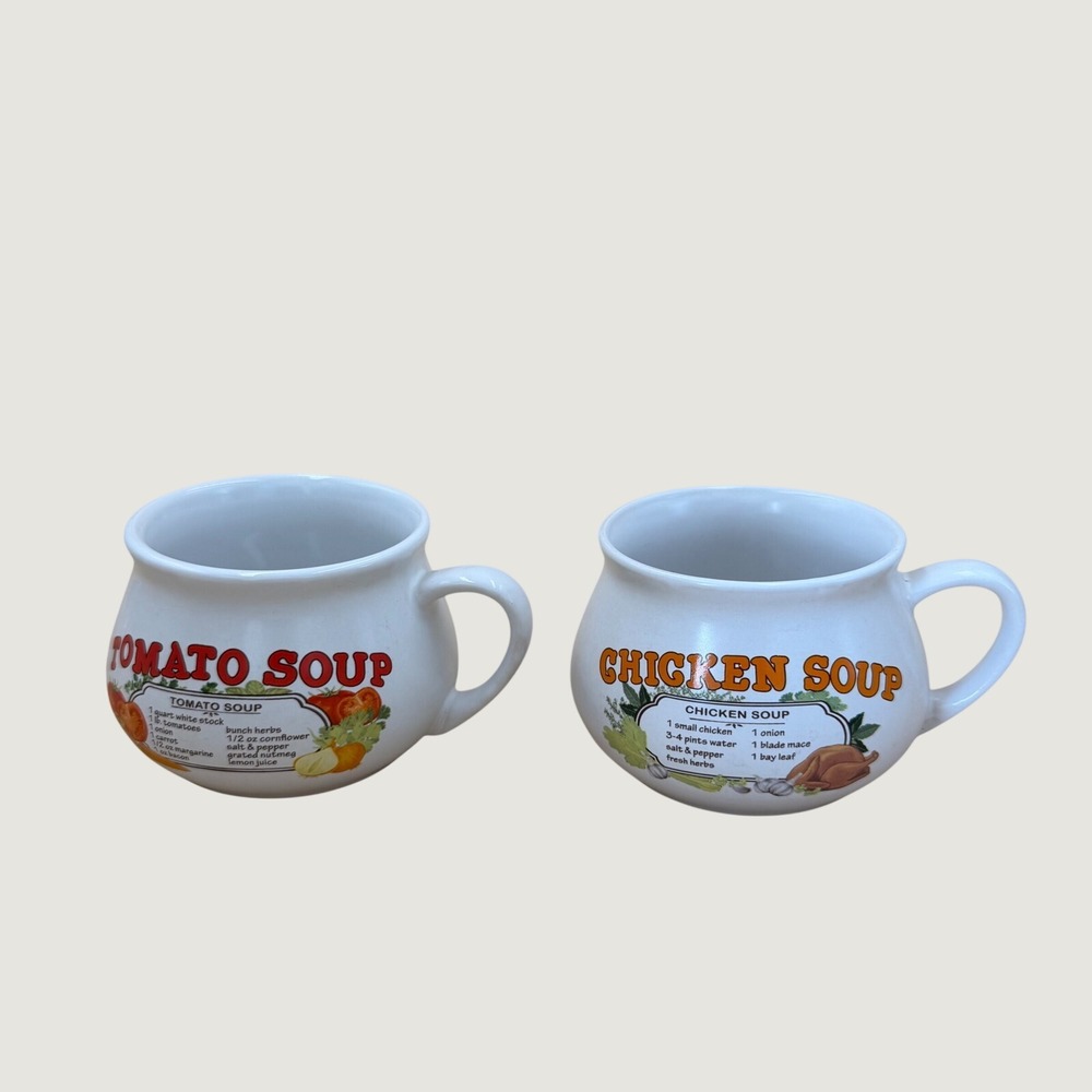 Dat'l Do-It Vintage Recipe Soup Mugs Set of 2 Tomato and Chicken Ceramic Crocks
